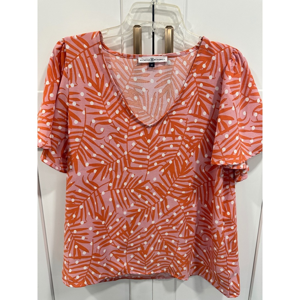 Michelle McDowell Palm Leaf‎ Dot V Neck Flutter Sleeve Top Coral Pink Womens M